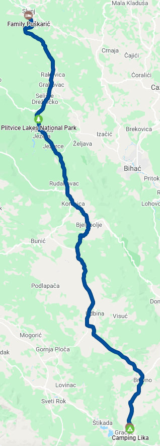 Slunj - Plitvicer Seen - Kamp Lika - 109 km